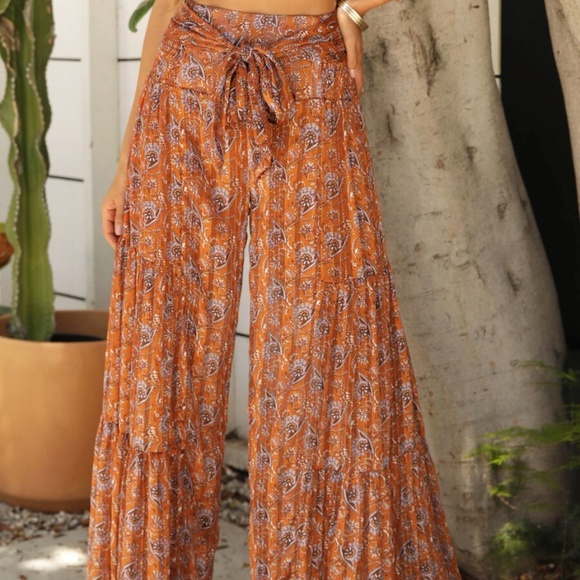 Boho Orange Paisley Palazzo waist Tie Lounge Pants - Picture 5 of 6